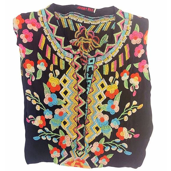 Johnny Was Womens Embroidered Silk Blouse Top Black Floral See-through LARGE - Picture 3 of 7